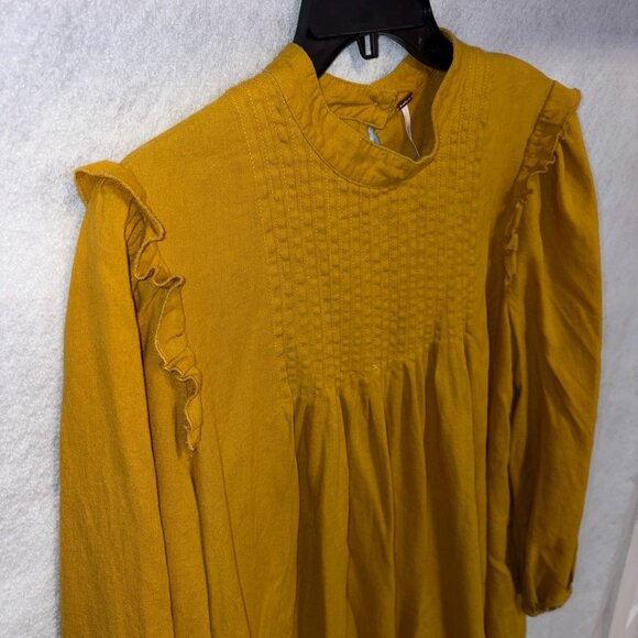 Free People Tunic Womens M Yellow Linen Blend Ruffle Sleeve Peasant Smocked Top - Picture 3 of 7